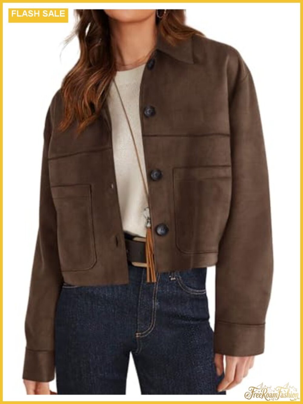 Women's Faux Suede Lightweight Cropped Aviator Jacket with Patch Pockets